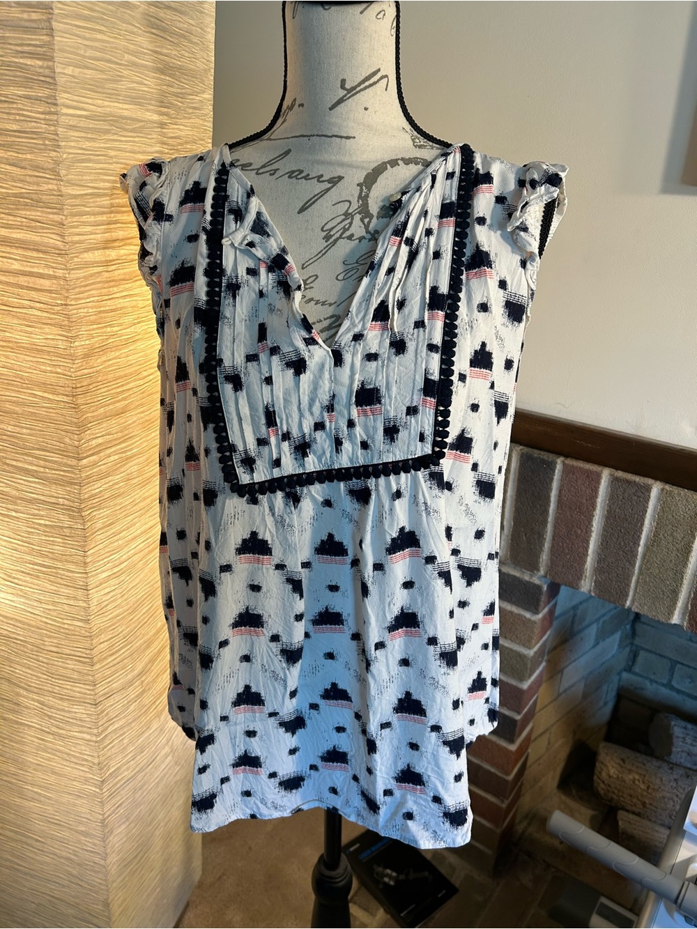 LOFT White Blouse with Navy and Pink Geometric Print